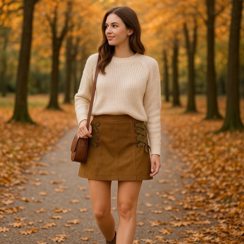 RAGA x Anthro Camel Suede Lace Up Detail Mini Skirt Autumn NWT L #1193-A